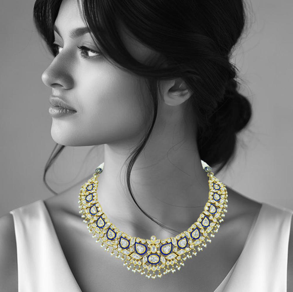 Polki Necklace with Blue Enamel and Layered Pearls